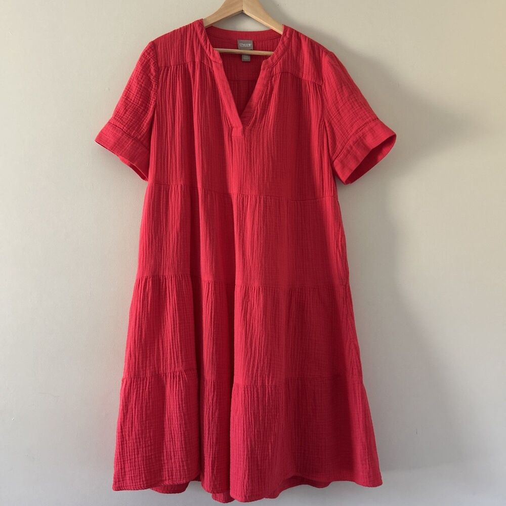Chico's Red Tiered Gauze Midi Size 12-14 (2) V-Neck 100% Cotton
